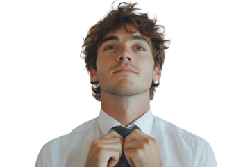 A young man filled with ambition and hope confidently adjusts his tie while dreaming of a on transparent background
