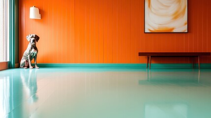 Fototapeta premium A serene scene featuring a dog sitting calmly in a stylish, modern room adorned with bright orange walls and a striking artwork, exuding tranquility and comfort.