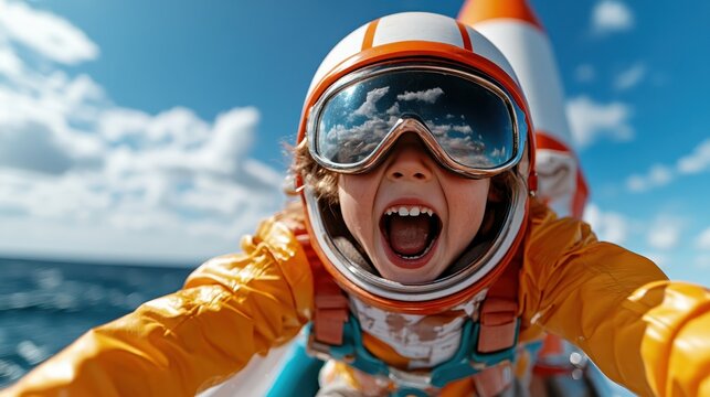 A joyful child donning a bright orange space suit, smiling with excitement against a scenic sky, capturing the wonder and imagination of space exploration and adventure.