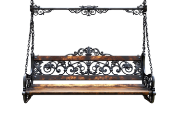 A weathered ornate swing bench silently inviting whispered secrets and shared dreams in a on transparent background