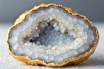Obraz premium Stunning Cross-Section of a White and Grey Geode with Golden Accents