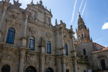 Santiago de Compostela Cathedral in Galicia, Spain, a famous pilgrimage site and UNESCO World Heritage landmark. Baroque façade and centuries-old religious significance.