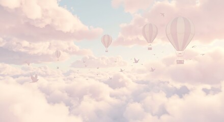 Fototapeta premium Enchanted Sky Hot Air Balloons Drifting Above Pastel Clouds