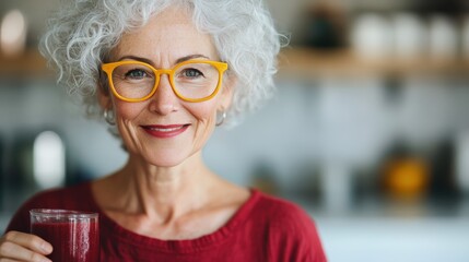 A happy senior woman holding a glass of smoothie, radiating joy and health, showcasing the vibrancy and vitality of older adults in a warm and inviting kitchen environment.