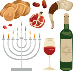 Vector hand-drawn Jewish New Year (Rosh Hashanah) traditional elements: menorah, challah, shofar, pomegranate, dates, wine. Jewish High Holidays collection