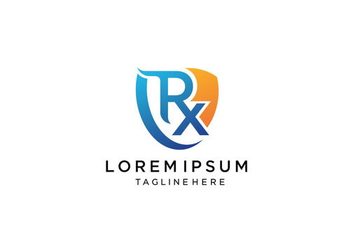 A blue and orange rx logo design with a shield shape on a white background for medical or pharmaceutical use
