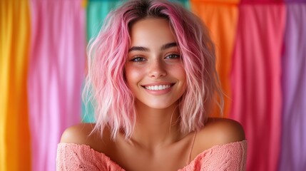 Naklejka premium A cheerful young woman with pink hair beams brightly against a colorful backdrop of flowing fabrics, reflecting joy, confidence, and artistic vibe.