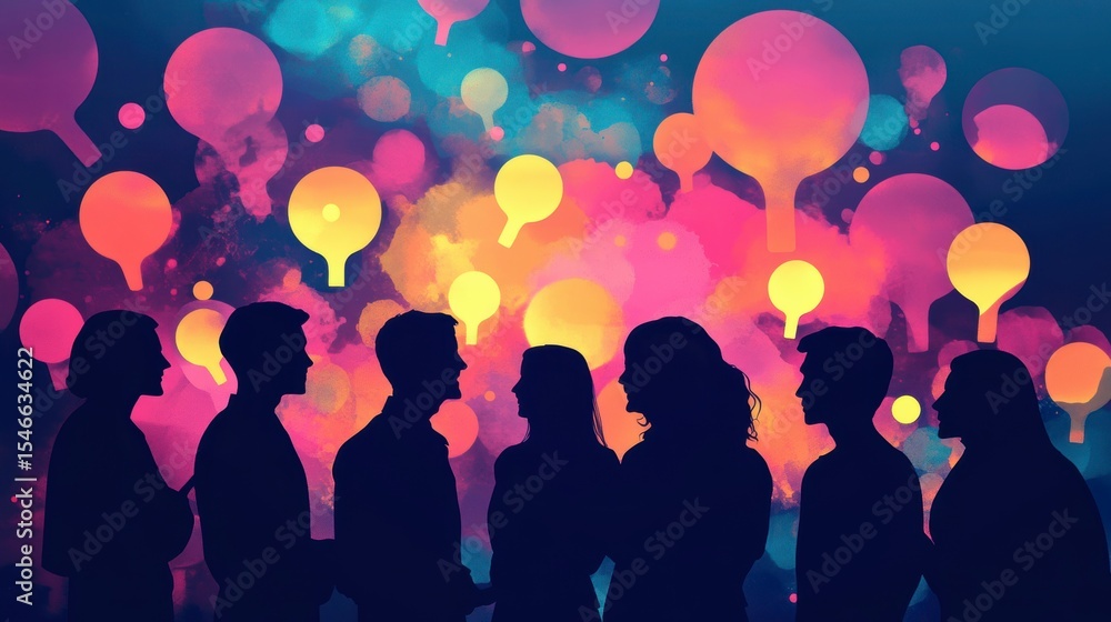 Poster Silhouetted figures conversing amidst colorful abstract lightbulb shapes.