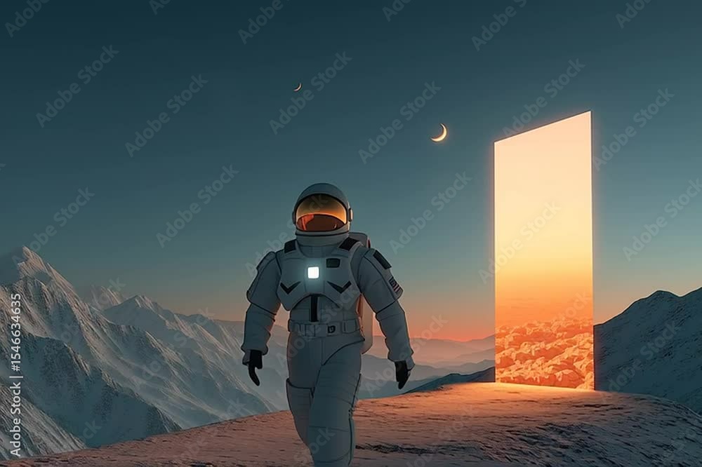 Poster a man in a spacesuit stands in front of a large, open door. the sky is dark and the mountains in the