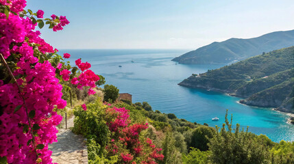 Mediterranean coastal landscape with pink bougainvillea, perfect for travel brochures, destination wedding ads, scenic backgrounds, holiday promotions, villa rentals