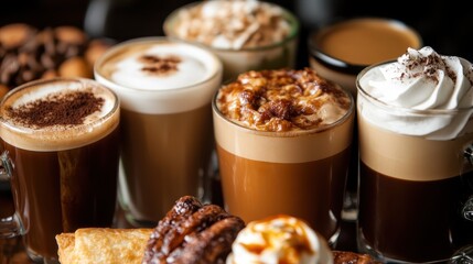 An enticing array of coffee drinks displayed in clear glass cups, each topped with cream, presenting a rich variety of flavors that appeal to coffee lovers and aesthetics alike.