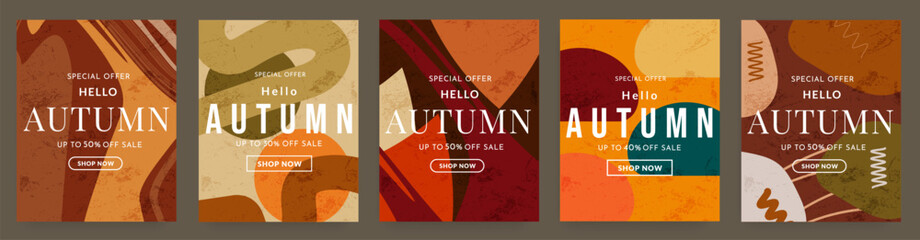 Autumn retro-style gradient design inspired by the 80s&ndash;90s. Trendy geometric background patterns for web, social media, advertising, posters, banners, and covers. Includes 30&ndash;50% sale offer. Vector te