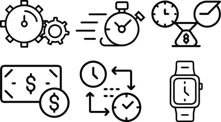 Timer and stopwatch icon set – silhouette style productivity, scheduling, and time management symbols: 5 min, 10 min, 20 min, clock, 30 min, countdown.
