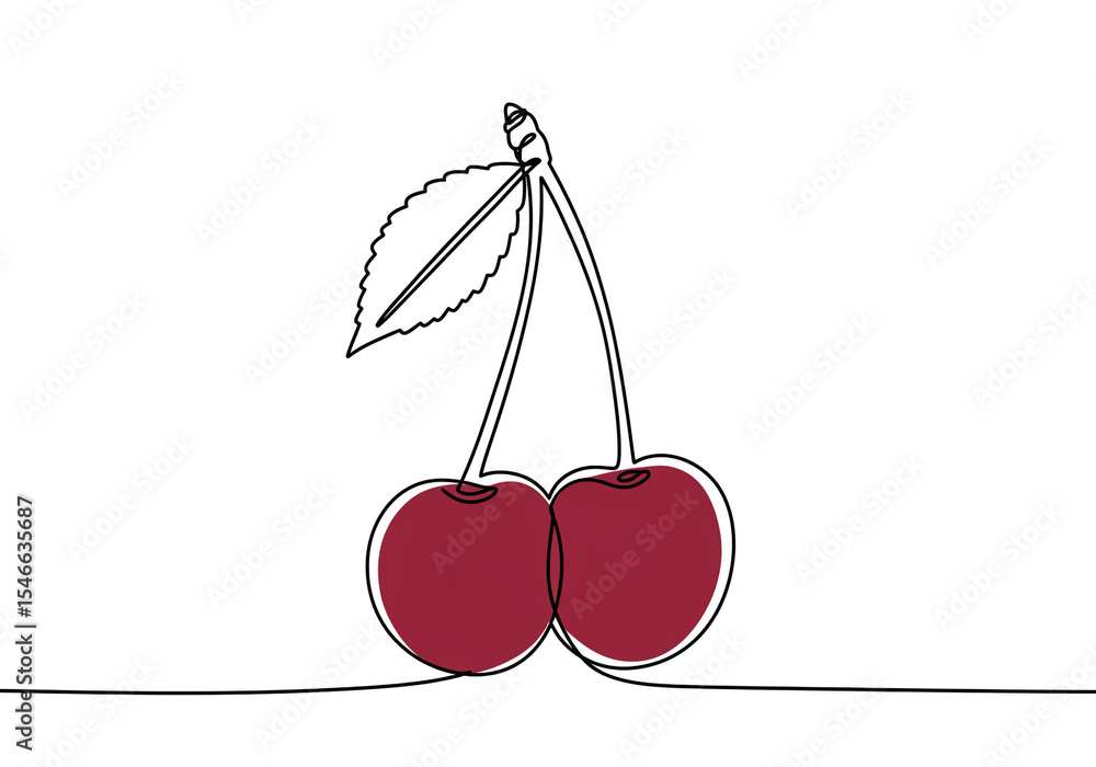 Poster a continuous line drawing of two cherries with a leaf on a white background in minimalist style