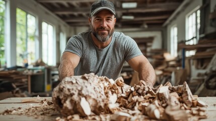 A skilled craftsman is seen working diligently with wood, showcasing his expertise and the beauty of handmade craftsmanship in a well-lit workshop filled with materials.