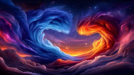Celestial swirls clashing, cosmic landscape, fantasy art, background stars, digital artwork