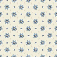 A cheerful seamless pattern featuring simple blue flowers on a soft cream background, ideal for spring designs and textiles.