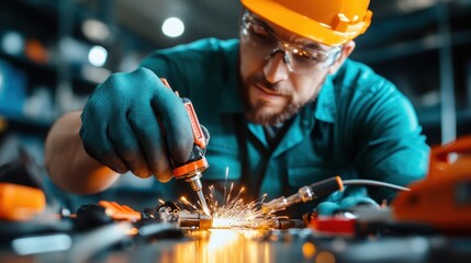 A skilled technician is using power tools while wearing safety gear, showcasing hard work, expertise, and the emphasis on safety in a workshop environment with sparks flying.