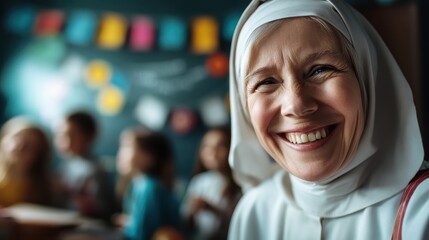 A joyful elderly woman in a headscarf smiles warmly, surrounded by children, encapsulating the essence of community, love, and the joy of shared moments together.