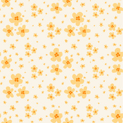 A cheerful seamless pattern featuring simple yellow flowers on a soft cream background, ideal for spring designs and textiles.