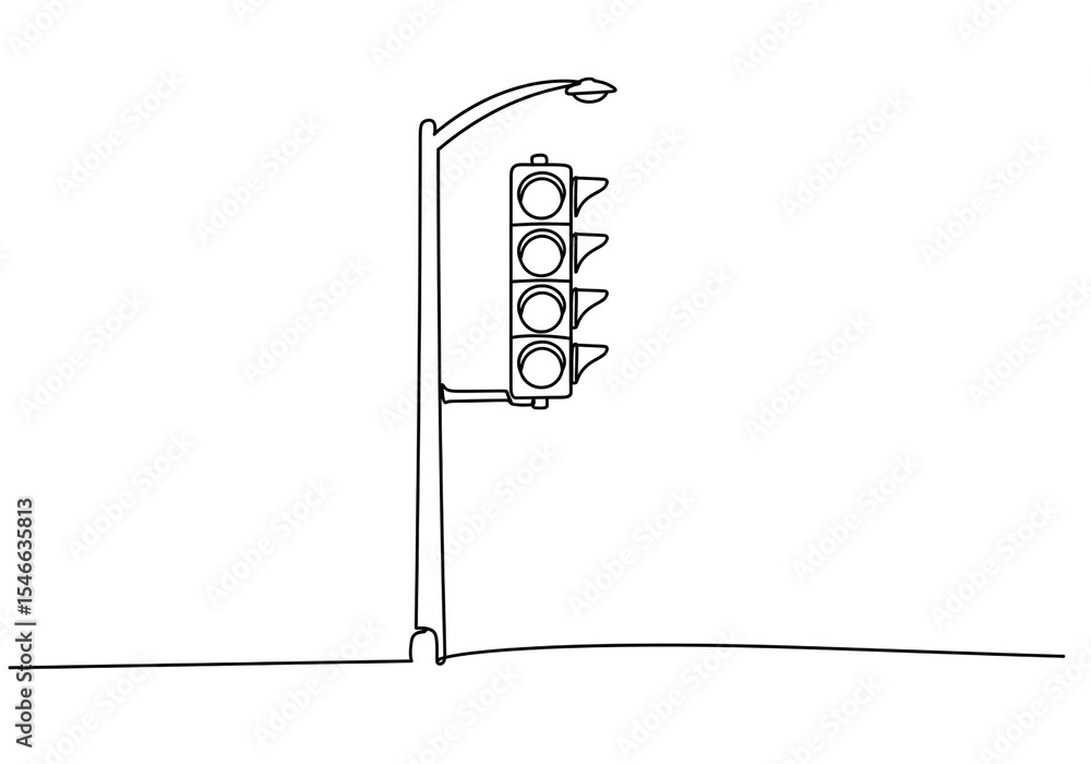 Poster a continuous line drawing of a traffic light and a lamppost on a simple white background scene view