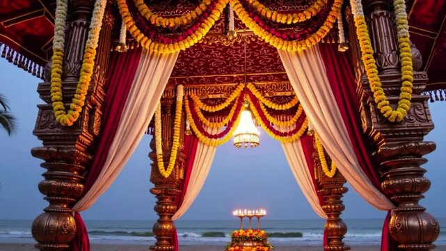 Traditional Indian wedding mandap decorated with flowers and fabrics