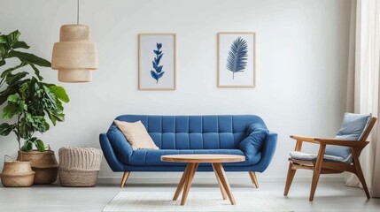 Blue Sofa Living Room Decor Wooden Chair, Rattan Lamp, Botanical Prints, Mid Century Modern, Interior Design Mid Century Modern, Interior Design