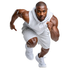 Athletic man in action sprinting forward with strength and determination during workout in bright white sportswear and landscape