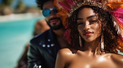 Fototapeta premium A stylish couple poses for the camera at a vibrant beach party, showcasing colorful costumes and a fun, lively atmosphere perfect for summer celebrations and festivities.