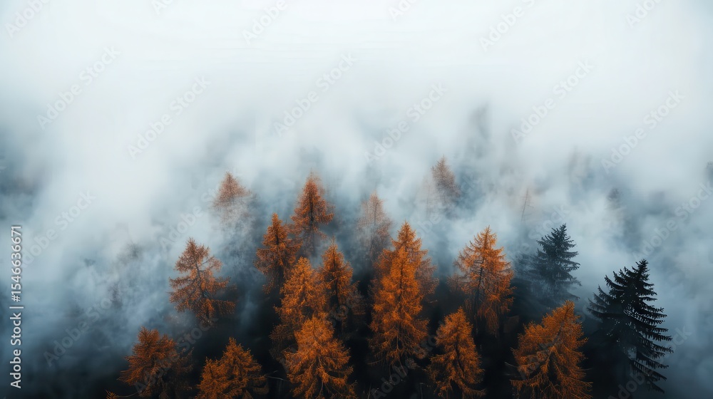 Poster an aerial view of a misty forest with tall trees in autumn colors, creating a serene and mysterious 