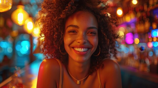 A radiant woman exuding joy and vibrancy while posing in a colorful bar setting, capturing the essence of nightlife and the joyful spirit of shared moments and laughter.