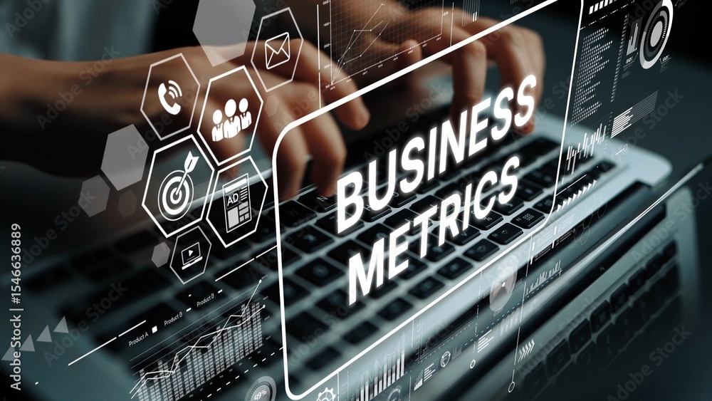 Poster business analytics dashboard with metrics displayed on laptop keyboard in a modern office environmen