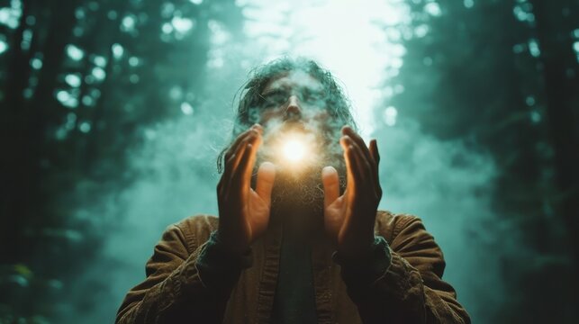 A mystical figure in an enchanting forest, holding a glowing orb of light that symbolizes inner strength, discovery, and wonder amidst a magical atmosphere shrouded in fog. - Powered by Adobe