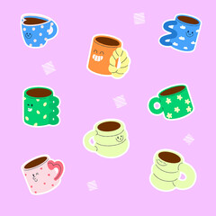 Cute Cartoon Coffee Mugs Pattern on Pastel Background Vector Clipart