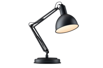 A sleek black architect desk lamp illuminating a workspace of innovation perfect for focused on transparent background