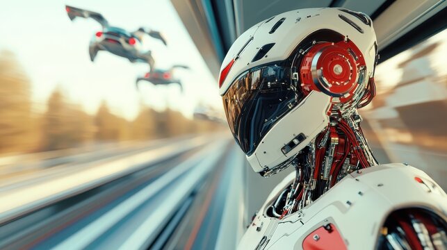 This image features a sleek, futuristic robot gazing out a window, with advanced drones flying outside, symbolizing the blend of technology and innovation in modern society.