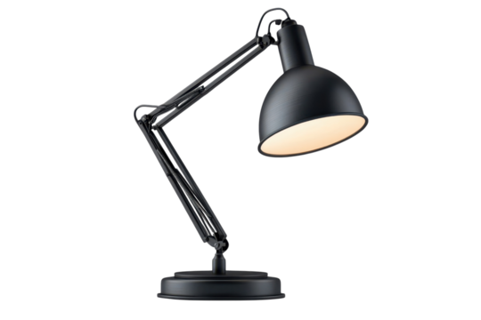 A sleek black architect desk lamp illuminating a workspace of innovation perfect for focused on transparent background