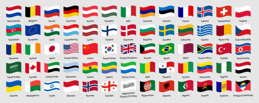 World country flags icon set. Collection of world country flags in waving style. Waving national flags Collection for International and global concepts. Vector illustration.