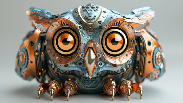 Whimsical Steampunk Owl Animation of Intricate Mechanical Design in Copper and Blue