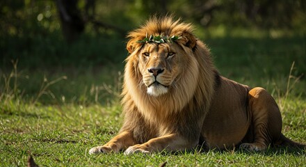 A lion rests in a grassy field, adorned with a leafy crown. The background is a blurry mix of green and dark foliage.