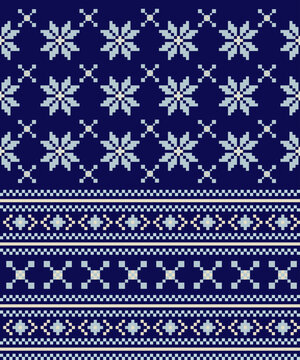 Traditional Nordic-style pixel pattern with snowflakes and geometric borders in light blue on dark navy, perfect for winter textiles.
