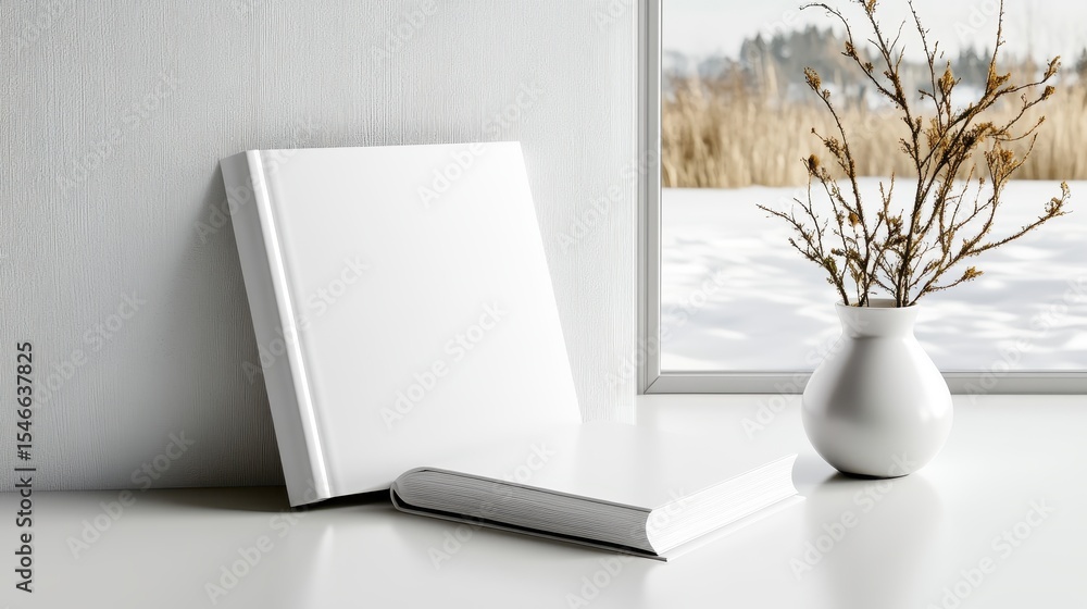Poster a minimalist composition featuring blank books placed on a simple table by a window, suggesting pote