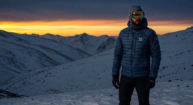 A mountaineer in winter attire stands in a snowy mountain landscape at sunset.