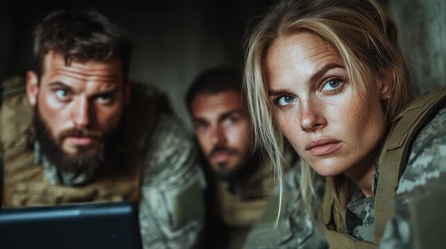The intense focus of soldiers in tactical gear reveals their commitment and readiness, showcasing pivotal elements of strategy and teamwork in a wartime environment.