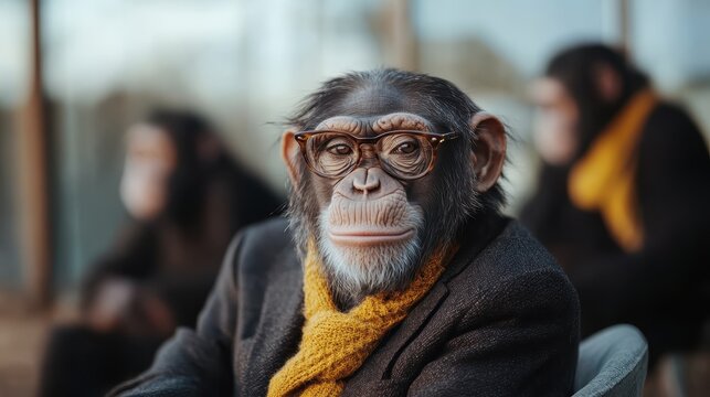 A stylish chimpanzee wears glasses and a warm scarf, presenting a unique and humorous take on animal representation in a human-like scenario full of charm and personality.