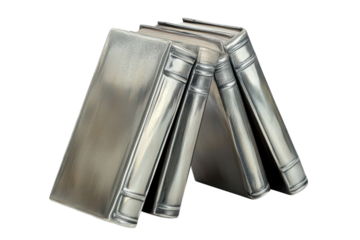A quartet of shimmering silver books leaning together symbols of knowledge and wisdom catching on transparent background