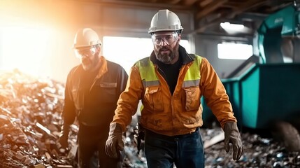 Two workers in a recycling facility, focused and diligent, embodying the essence of teamwork and sustainability in an industrial setting with a warm golden light.