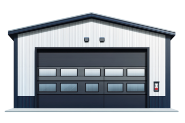 A pristine industrial garage with a modern gray door symbolizing secure storage and efficient on transparent background