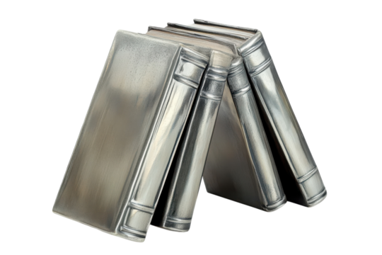 A quartet of shimmering silver books leaning together symbols of knowledge and wisdom catching on transparent background