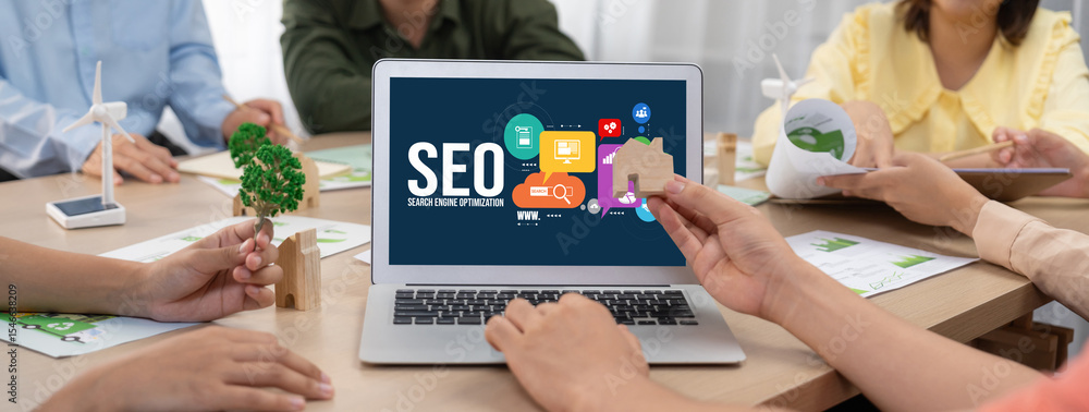 Poster seo search engine optimization for brisk e-commerce and online retail business showing on computer s